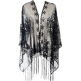 L'VOW Women's Glittering 1920s Scarf Mesh Sequin Wedding Cape Fringed Evening Shawl Wrap