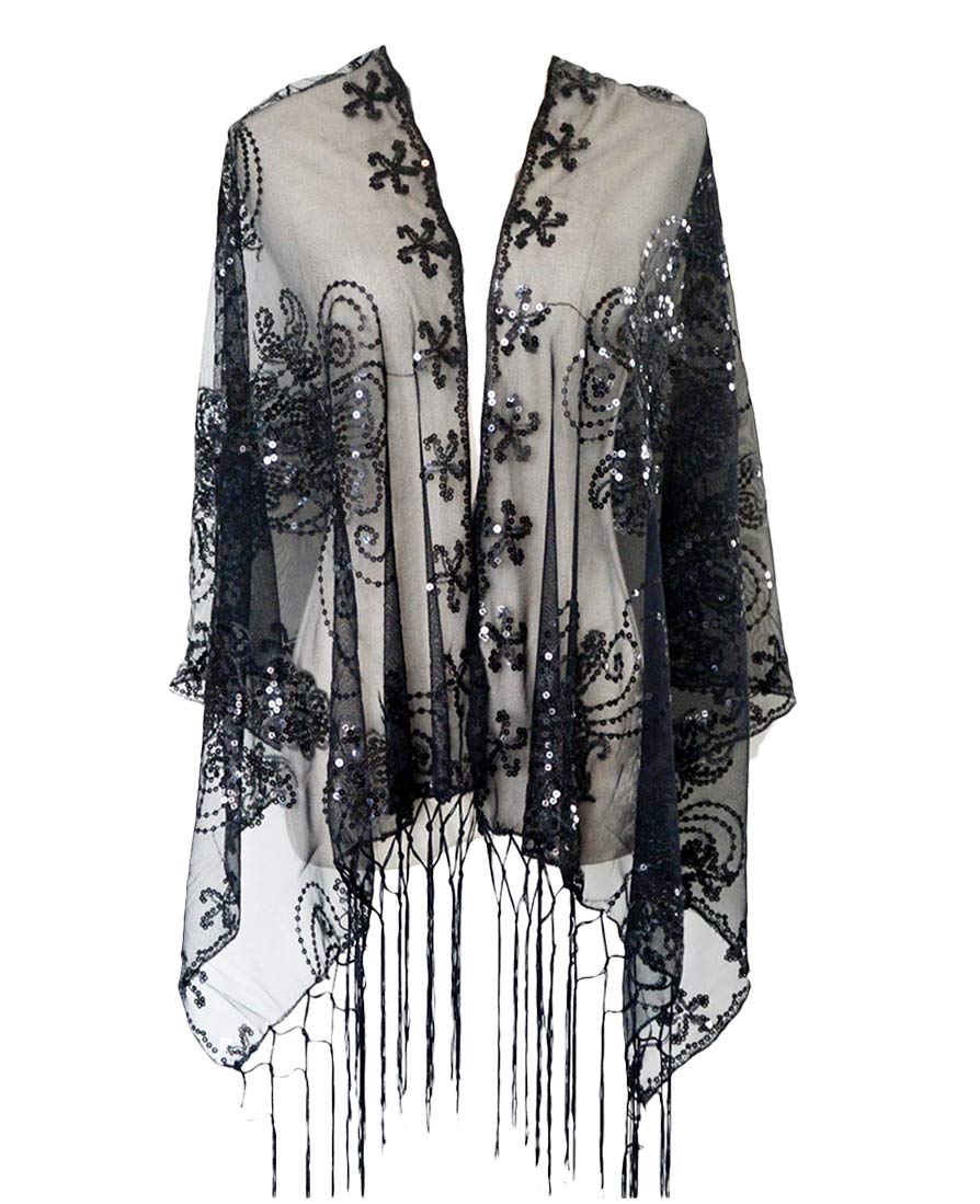 Zakia Women's sequined shirt mesh scarf 1920s Cape fringed evening dress shiny shawl shrug wedding party Zakia Women's sequined shirt mesh scarf 1920s Cape fringed evening dress shiny shawl shrug wedding party