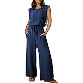 Dokotoo Womens Jumpsuits Crewneck Lace Cap Sleeve Drawstring High Waist Wide Leg Casual Rompers with Pockets