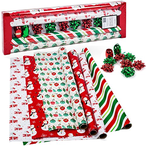 Christmas Wrapping Paper - Holiday Gift Wrap - Premium Gift Wrap, 4 Rolls - 2.5 ft x 10 ft per Roll, Includes 7 Bows, 2 Rolls of Ribbon