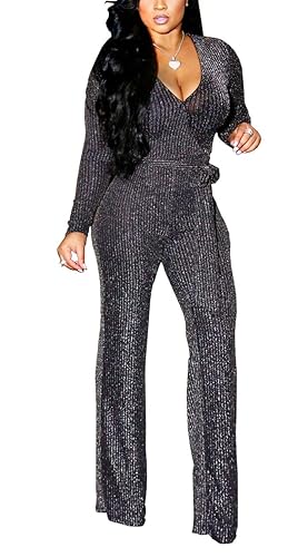 HannahZone Women's Sexy Sparkly Jumpsuits Clubwear Long Sleeve