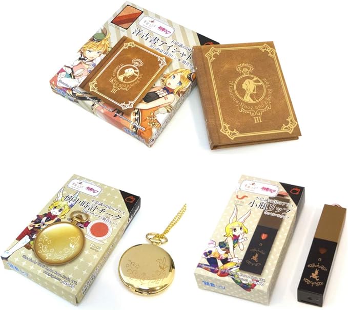 Amazon 3点セット 童話コスメx初音ミク 鏡音リン 鏡音レン 不思議の国のアリス 洋古書アイシャドウ 小瓶リップ 懐中時計チーク チーク リップ アイシャドウ ノーブランド品 メイクアップセット 通販
