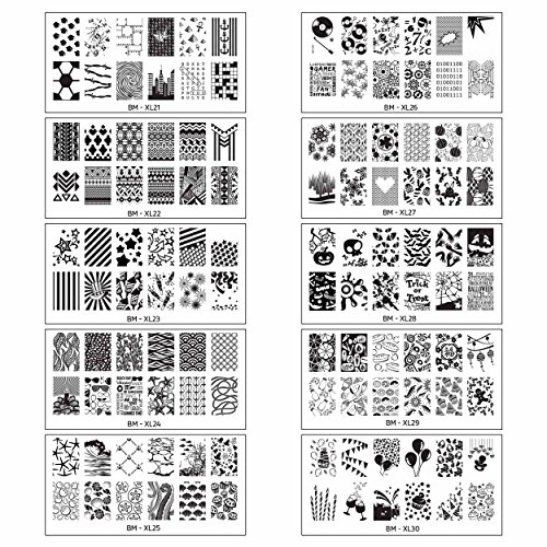 UPC 708302918121, Bundle Monster 10pc Extra Large Full Nail Art Retangular Shape XL Stamping Plates, Set 3: 21-30