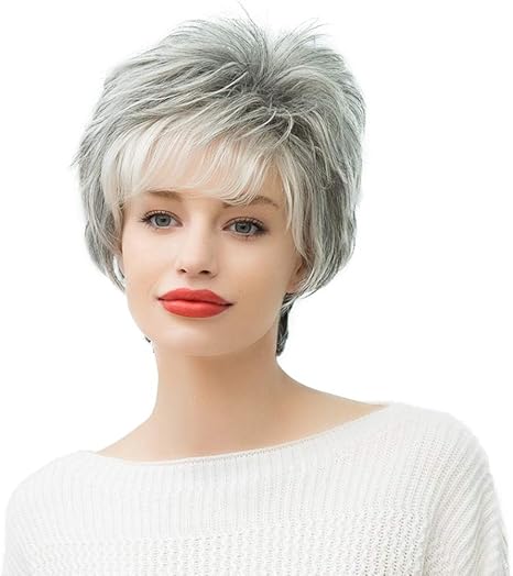 Amazon Co Jp 女性の セクシーなショートシルバーグレー人毛ウィッグブレンドピクシーカットかつらバン軽量 自然な日常髪 ホーム キッチン