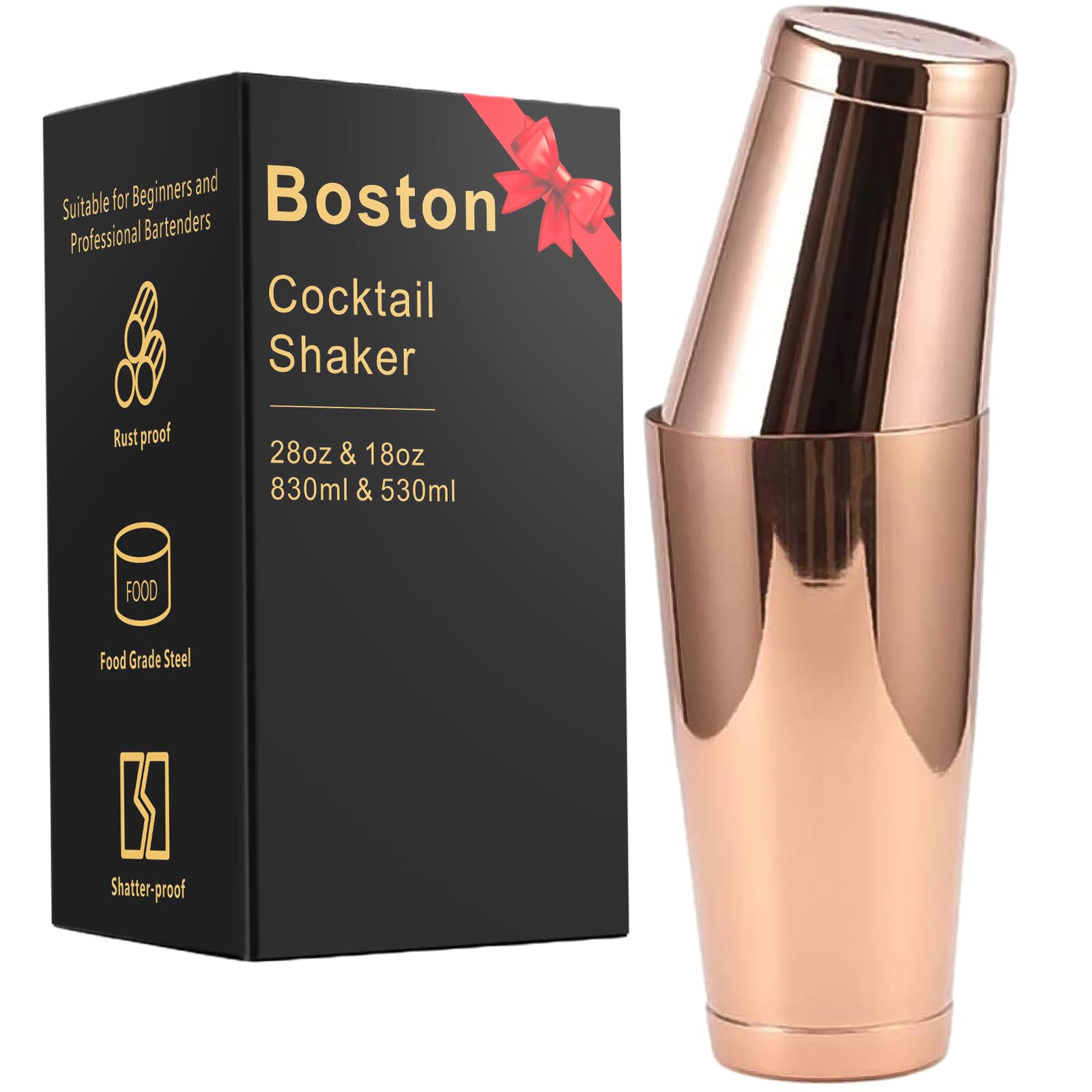 Stainless Steel Cocktail Shaker 2 Piece 18oz Unweighted & 28oz Weighted Professional Bartender Boston Shaker Drink Mixer for Bartending Essential Bar Tools (Copper)