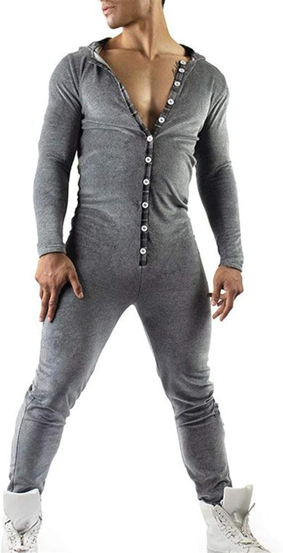 Men's Novelty Hooded One Piece Pajamas Jumpsuit Butt Flap Romper Button