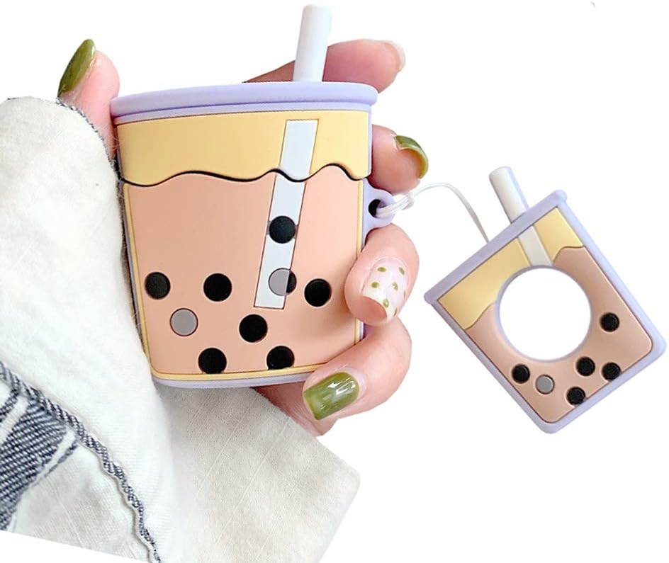UnnFiko Super Cute Bubble Tea Airpods Case, 3D Cartoon Soft Silicone Protective Mini Bag Cute Creative Airpods 1 & 2 Charging Cover with Finger Loop (Purple, Airpods 1 & 2)