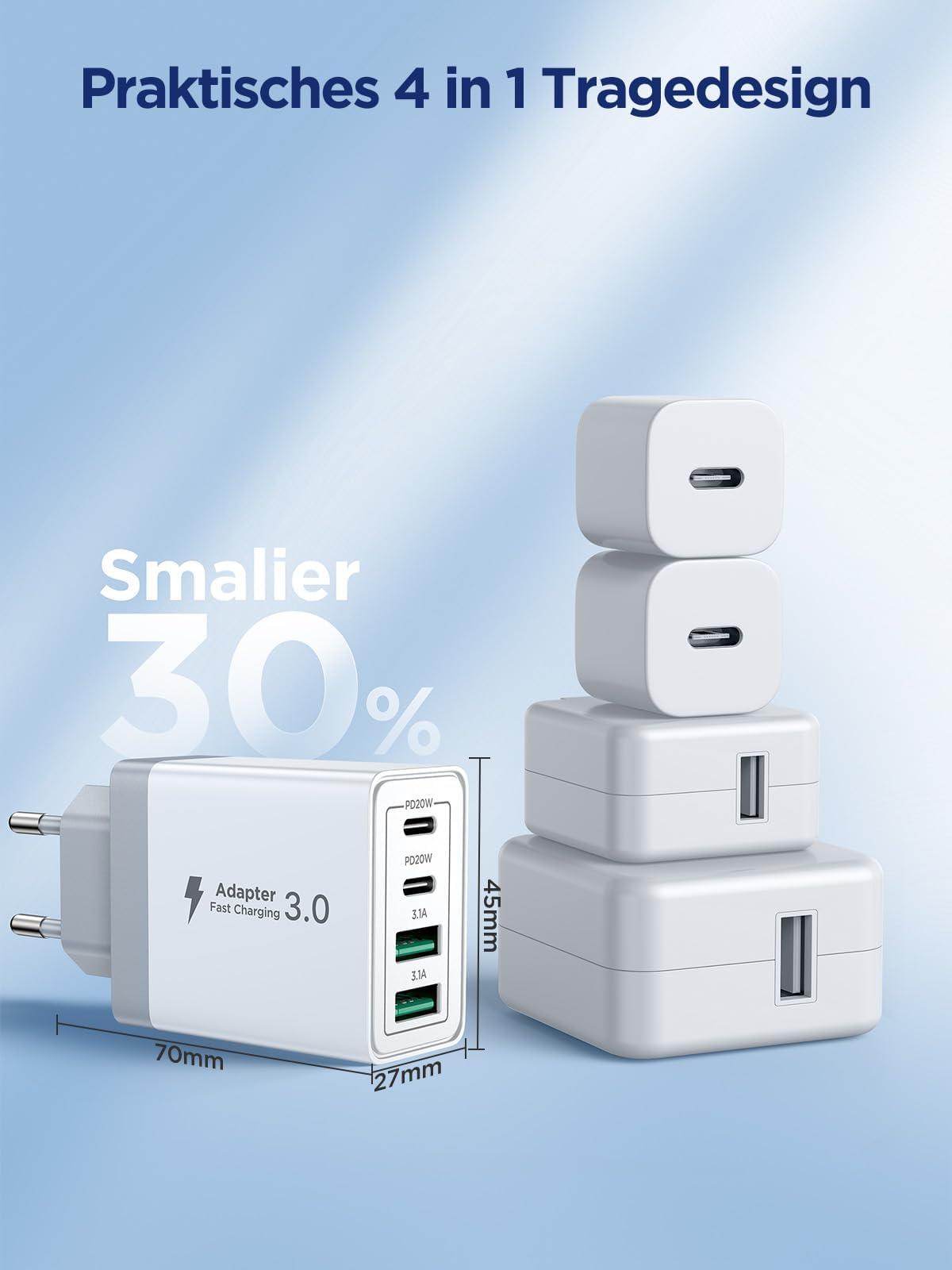 Aioneus USB C Ladegerät, 4 Ports Mehrfach Ladegerät mit USB-C und USB-A, 40W Schnellladegerät PD 3.0 Power Adapter USBNetzteil für iPhone 16 15 14 Pro Max 13 12 11 SE 2020 XS XR 8 7, Samsung, Handys 5