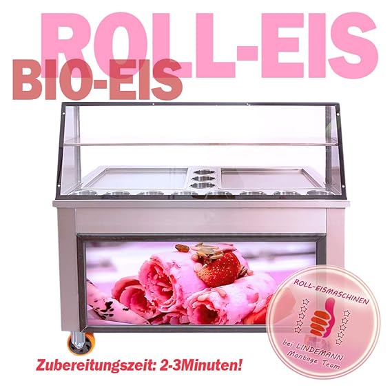 Profi Rolleismaschine mit zwei Eisplatten 45x45cm und zwei Kompressoren. Zubereitungszeit 2-3Min. Fried ICE Cream Rolls Machi