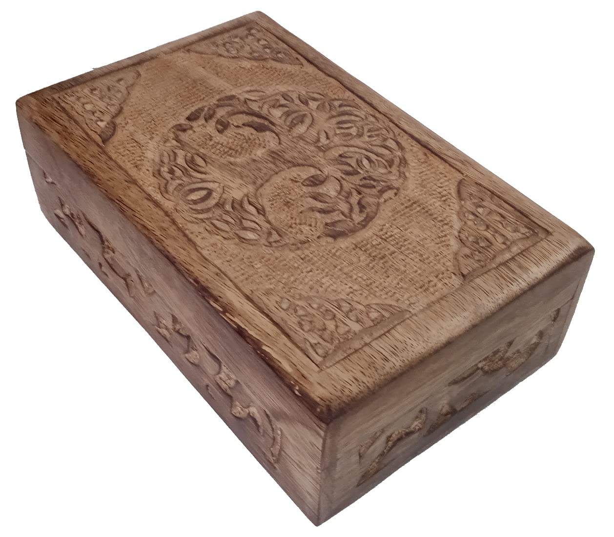 Purpledip Wooden Handcarved Box Round Tree of Life: For Jewelry, Trinkets, Cards, or Tea Bags, Distress Brown (12235B)