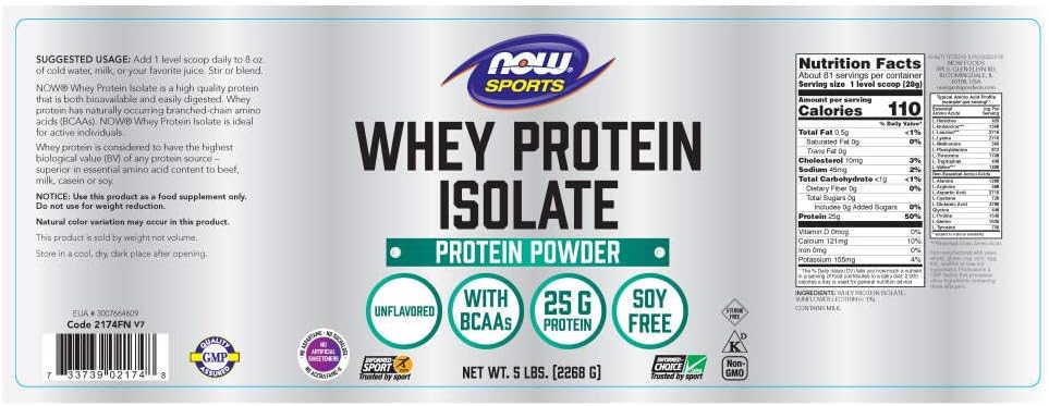 NOW Sports Nutrition, Whey Protein Isolate, 25 G With BCAAs, Unflavored Powder, 5-Pound: Health & Personal Care