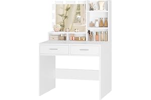 TEENFON Vanity Desk with Mirror & Lights, Makeup Vanity with 2 Large Drawers and 5 Storage Shelves, Vanity Table with 3 Color