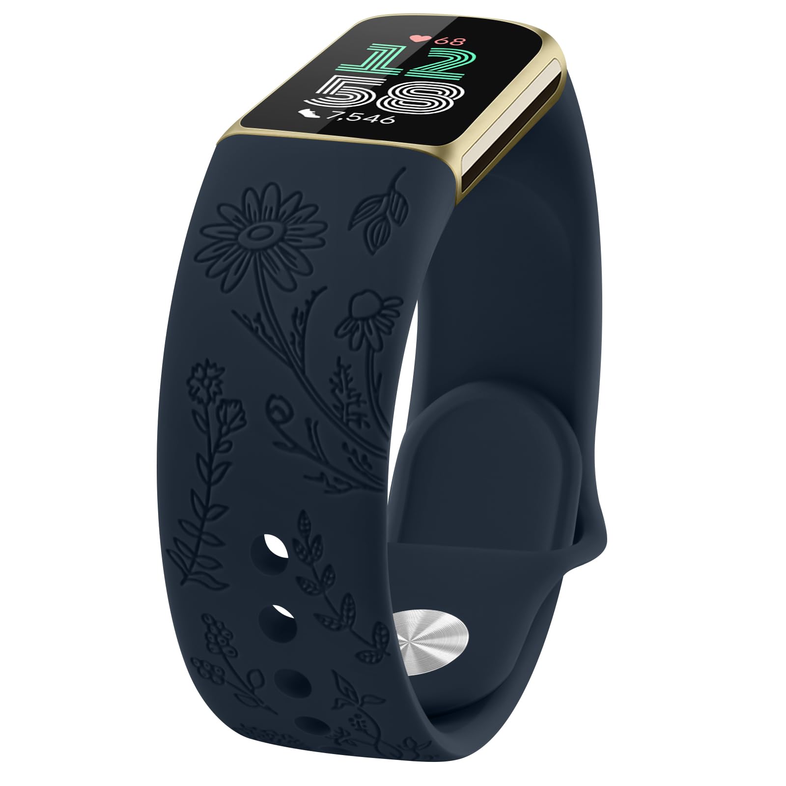 Tobfit Flower Pattern Strap compatible for Fitbit Charge 6 / Charge 5 Strap for Women Men, Adjustable Silicone Replacement Band (Navy blue)