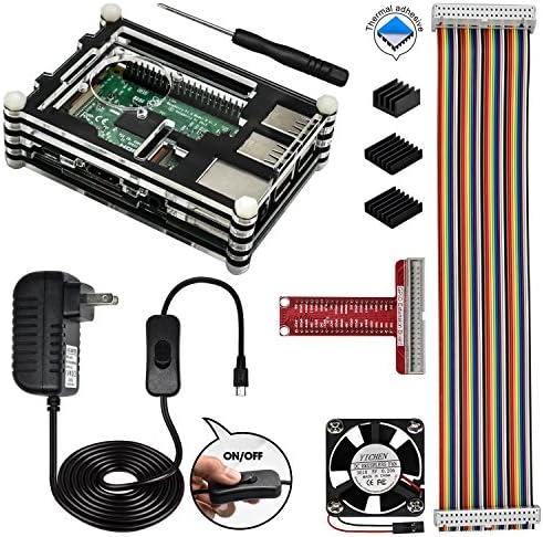 REXQualis Raspberry Pi 3 Case with Fan and Heatsinks, 5V/2.5A Power Supply with On/Off Switch, T Type GPIO Breakout Board, 40 Pin Rainbow Cable Case Compatible with RPi 3 2 3b 2b - Not Fit for 3 B+