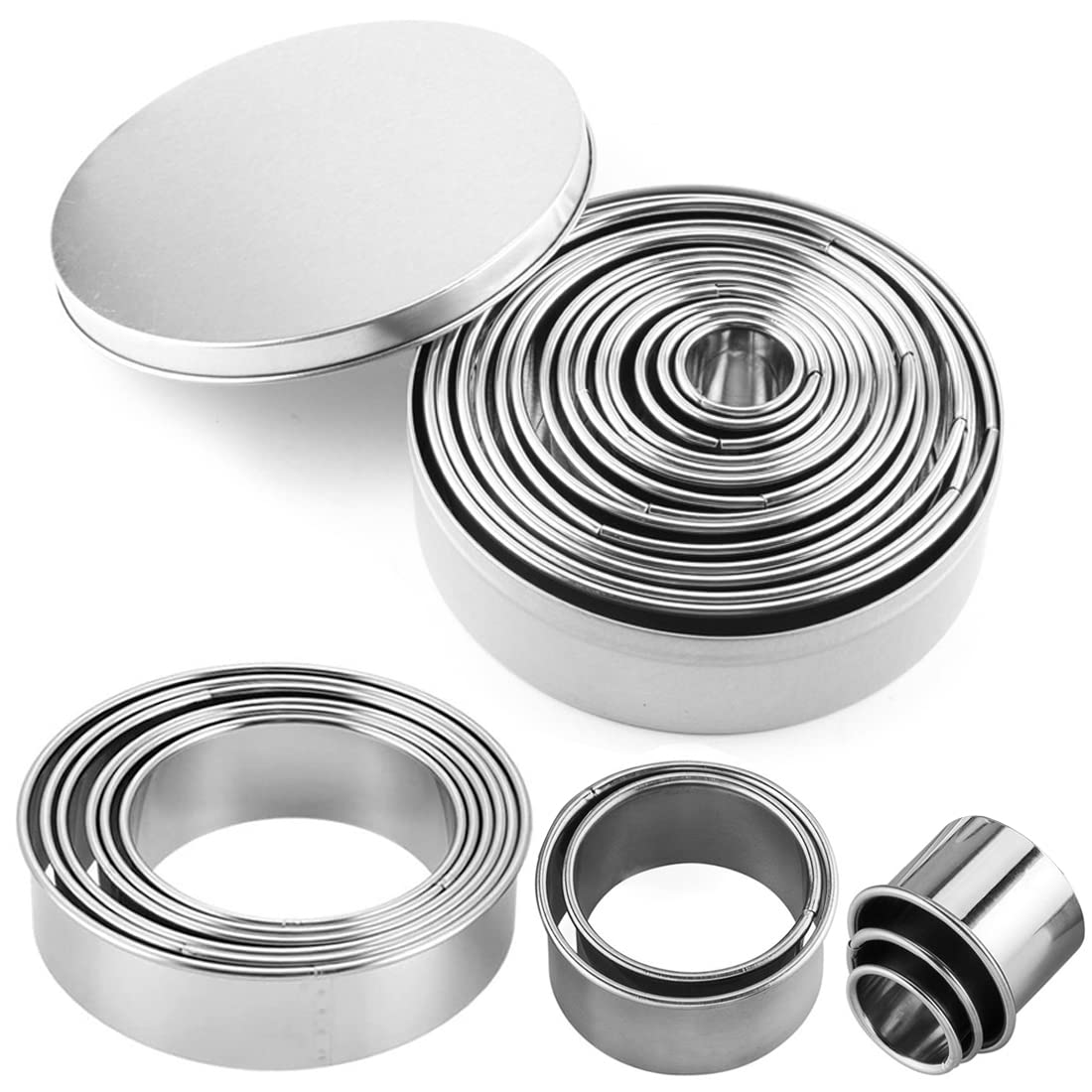Round Cookie Cutter, Circle Biscuits Cutters with Storage Tin, for Dough, Pastry, Donut, Fondant, Sugarcraft, Fruit Vegetable DIY Cake Decoration, Set of 12