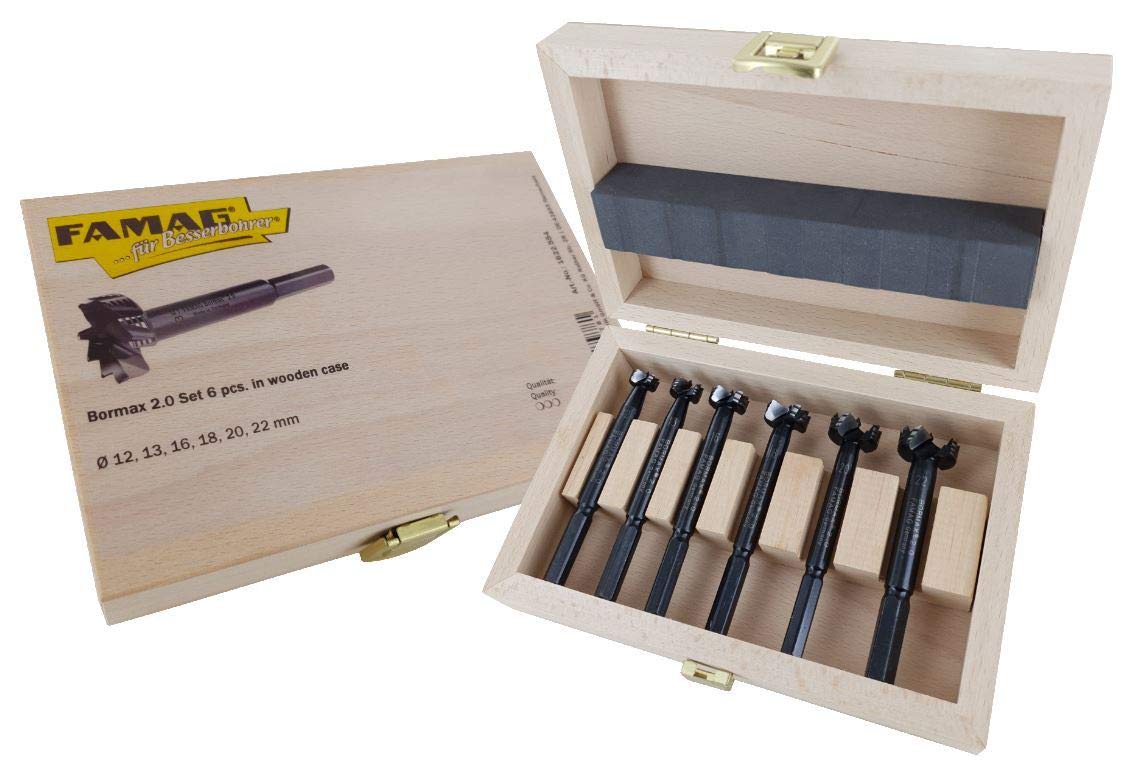 Famag - 6 PCE UK Edition Forstner Bit Set : BORMAX 2, 12,13,16,18,20,22 mm. Premium Made in Germany in Wooden Box Series 1622.554,