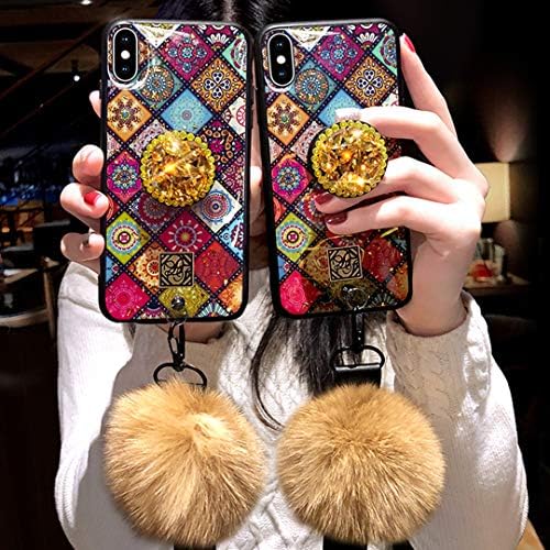Tianyuanxuan iPhone Xs Case,iPhone X Case,Fashion Blu-ray Leopard Diamond Holder Cover with Rabbit Fur Hairball Phone Case for iPhone Xs/X 5.8-inch
