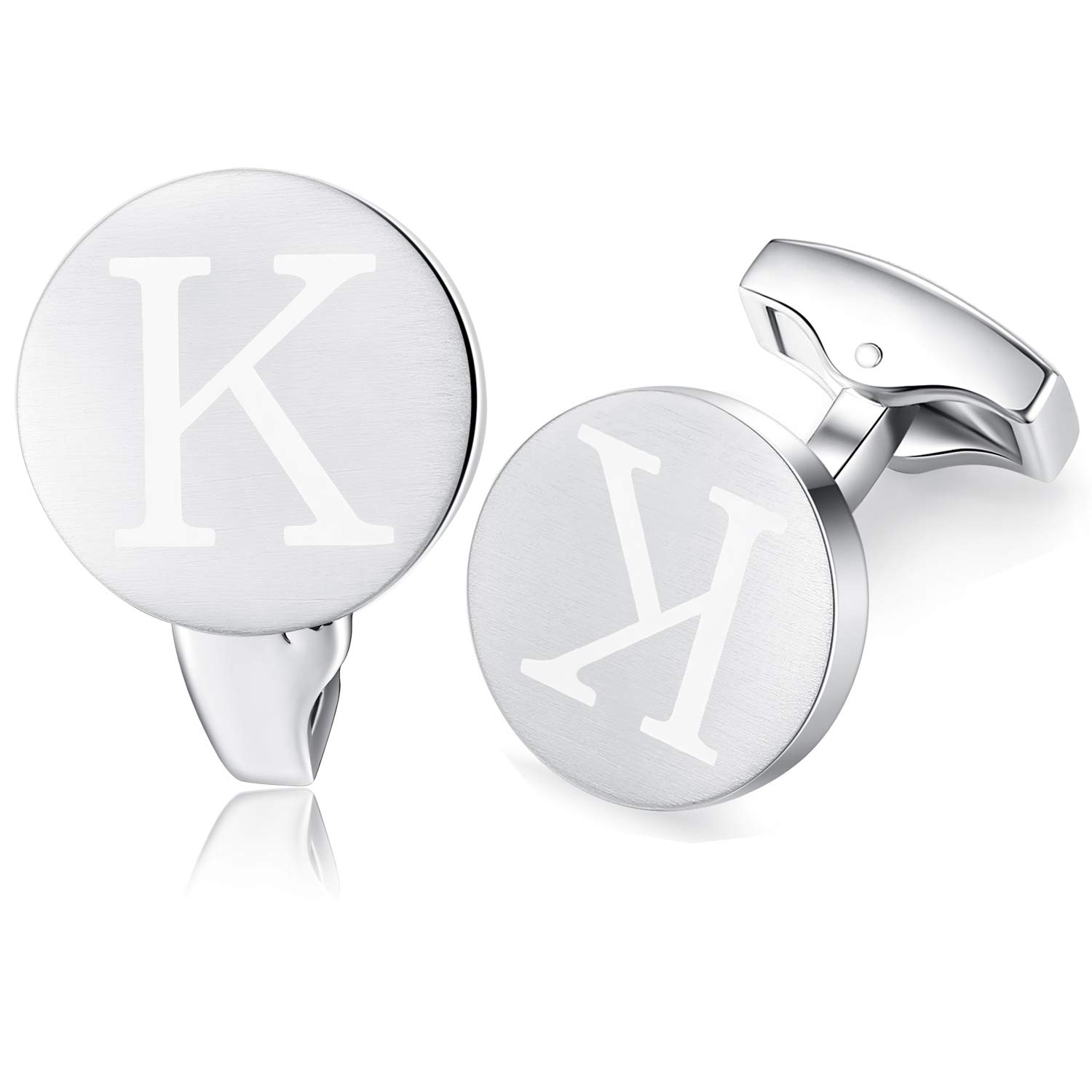 HONEY BEAR Initial Alphabet Letter Cufflinks for Men, Brushed Silver Round Shape Stainless Steel Wedding Business Cufflinks, A - Z (K)