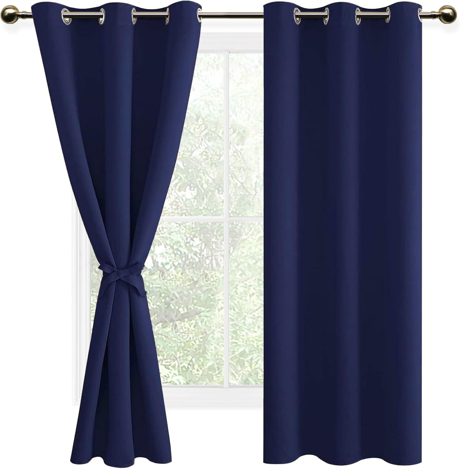 DWCN Navy Blue Blackout Curtains with Tiebacks for Bedroom Thermal Insulated Solid Eyelet Curtains for Living Room,2 Panels,46" Wide x 72" Drop — image 1