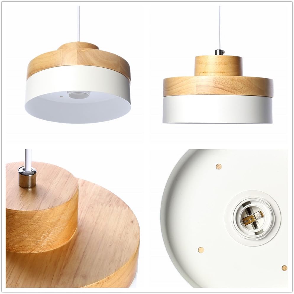 Chrasy Vintage Industrial Rustic Metal Pendant Lampshade Hanging Ceiling Pendant Light Lamp Fixture E27 with Wooden Top (Round,White) - Image 3