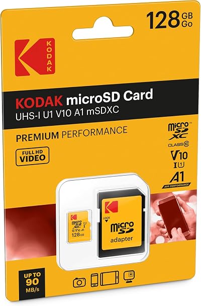 Kodak 128GB microSDXC A1 UHS-I U1 Card with Adapter 85MB/s Read 25MB/s Write