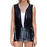 UpFind Womens Fringe Vest 70s Hippie Costume Sleeveless Cowgirl Western Outfits Faux Suede Tassel Leather Outerwear