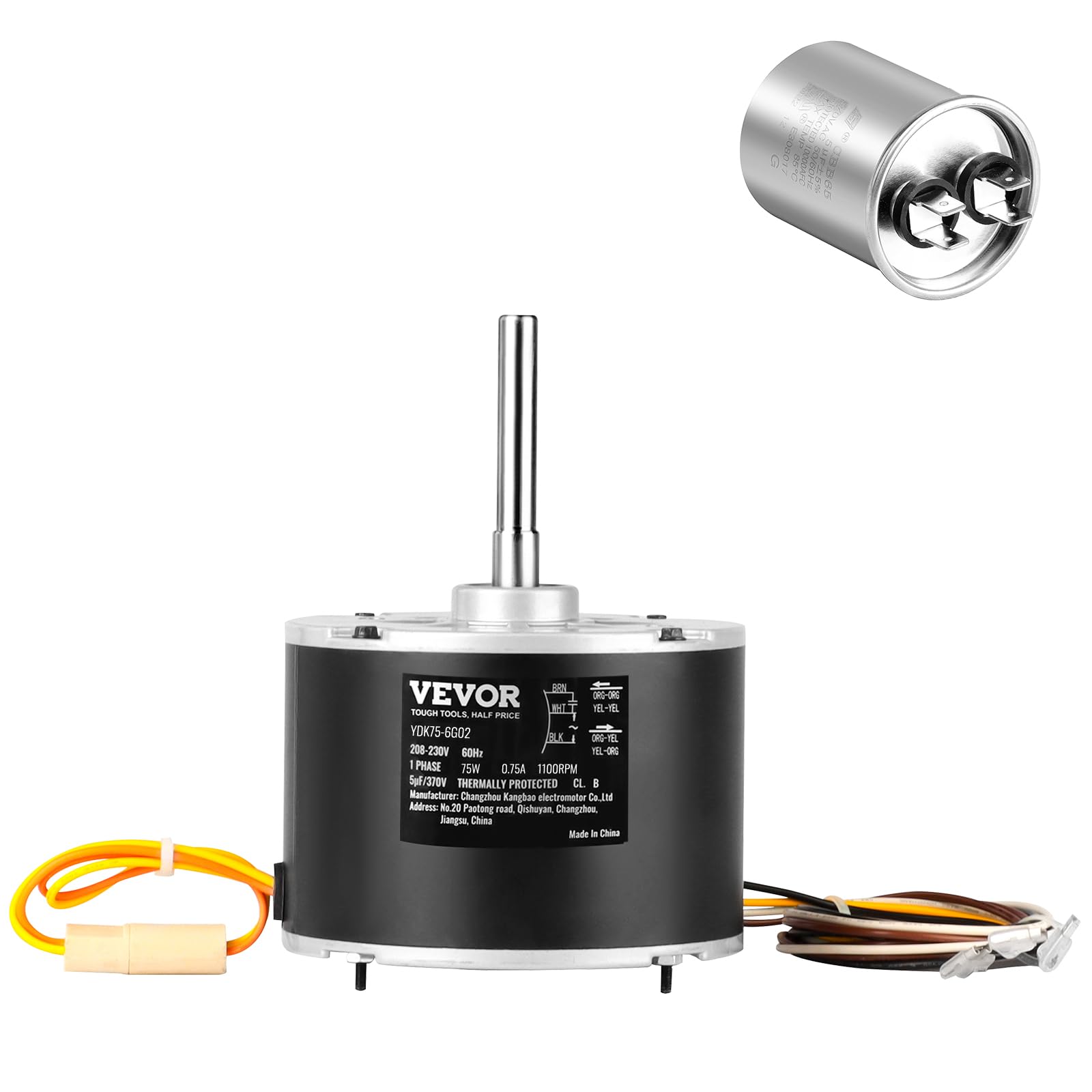 VEVOR 1/4 HP Condenser Fan Motor Replacement – 1100RPM, Reversible, 208-230V, For HVAC Units (Fits Genteq, Carrier, Bryant, Payne), With Capacitor