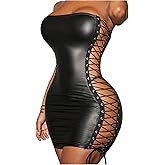 WDIRARA Women's PU Leather Lace Up Side Tube Dress Strapless Backless Party Club Bodycon Mini Dresses