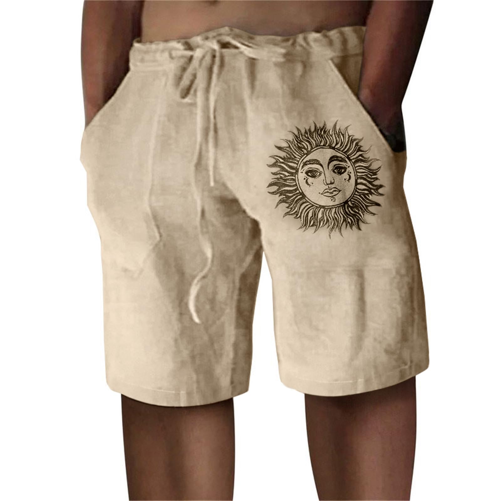 Photo 1 of Puimentiua Linen Shorts for Men, Lightweight Elastic Waist Summer Beach Mens Linen Shorts Apricot-Large
