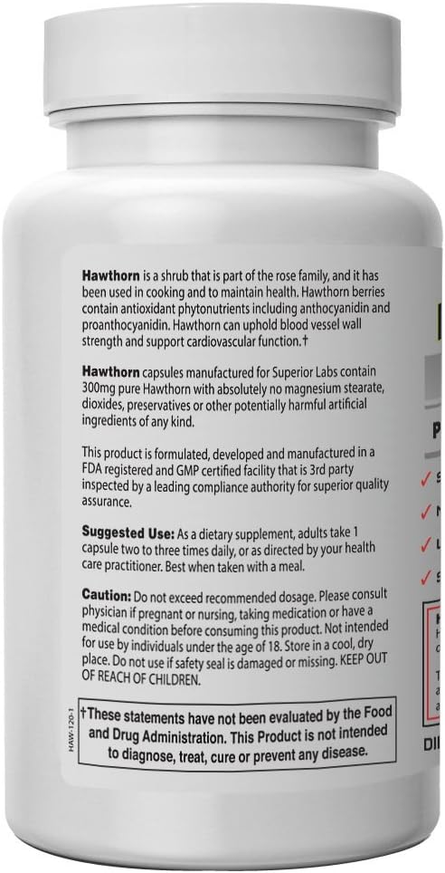 Superior Labs — Best Hawthorn Vitamin Supplement NonGMO, Non Synthetic — 300 mg Dosage, 120 Vegetable Capsules — Powerful Antioxidant — Healthy Digestion — Circulatory & Cardiovascular Health: Health & Personal Care