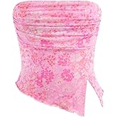 Milumia Girl's Floral Ruched Tube Top Strapless Lettuce Trim Split Hem Bandeau Tops