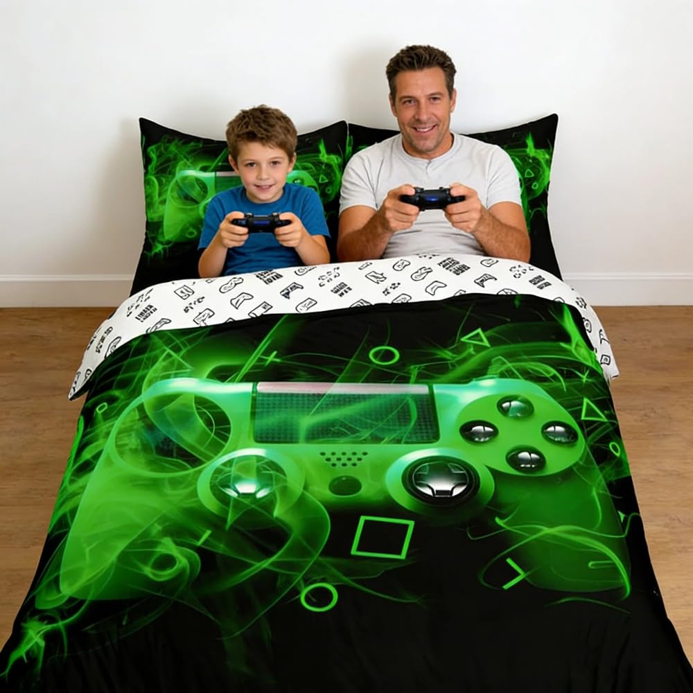 Homemissing Youth Gaming Bedding Set Kids Gamer Duvet Cover for Boys Girls Game Controller Bedding & Linen Modern Games Console Action Buttons King Size Green Black — image 1