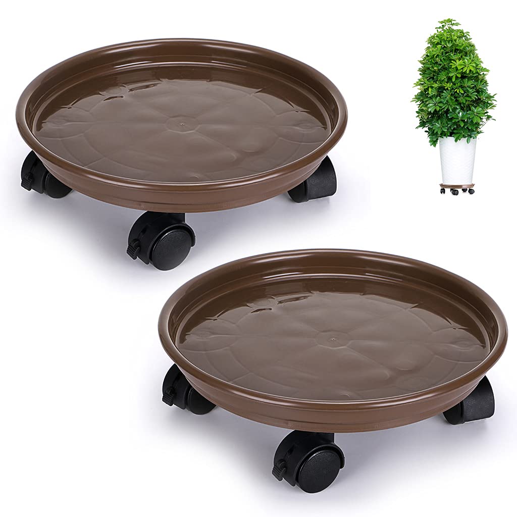 Skelang 2 Pcs Plant Caddy 33cm, Plant Pallet with Brake Castor Wheels, Flower Pot Mover for Garden, Patio, Yard, Deck, Lounge, Loading Capacity 56kg (Brown)