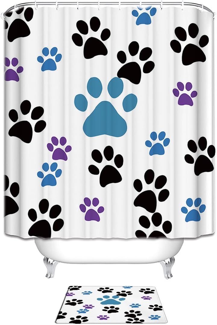 CHARMHOME Dog Paw Prints Waterproof Bathroom Shower Curtain and Doormat Sets