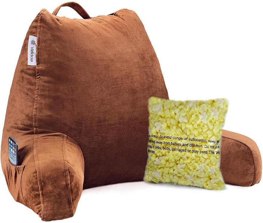 Vekkia Premium Soft Reading & Bed Rest Pillow with Higher Support Arm, Pocket, Free Neck Pillow. Back Support for Reading/Relaxing/Watching TV - Extra Foam Incl-24” Velvet(Cover): Home & Kitchen