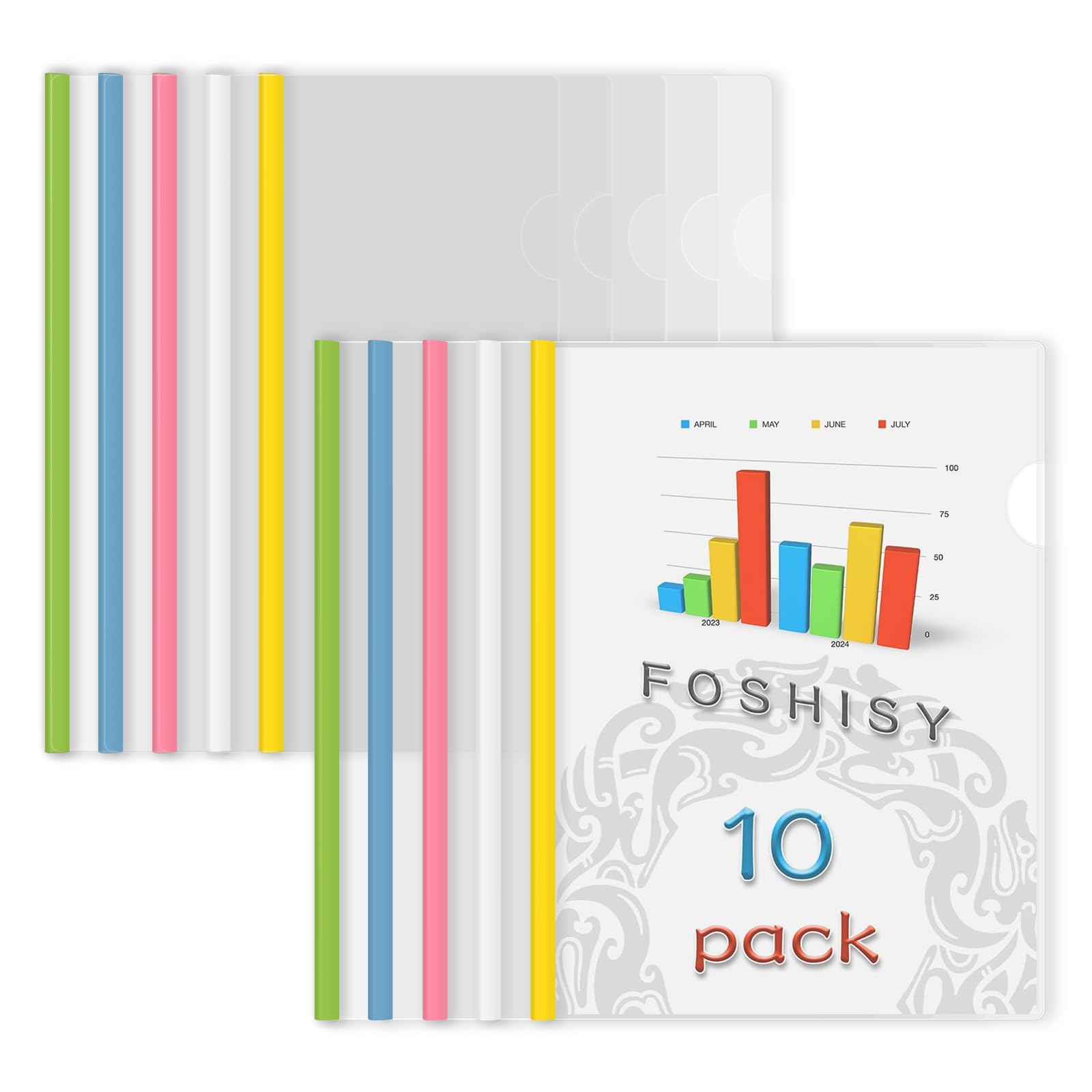 FOSHISY A4 10 Pack Clear Report Covers with Sliding Bars, 6mm(25 Sheet Capacity) Sliding Bar Report Covers,5 Assorted Colors