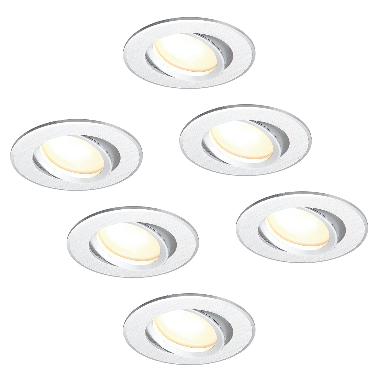 HCFEI Set of 6 LED Recessed Ceiling Lighting Spotlights Flat DIM 120° 230 V 3 W Warm White 3000 K Installation Hole 68-75 mm Brushed Silver Swivelling Installation Depth 25 mm