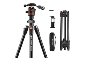 K&F Concept 71" Aluminum Compact Camera Tripod, Lightweight Tripod with 360° Ball Head for Smooth Video & Photo, 17.6lbs Load