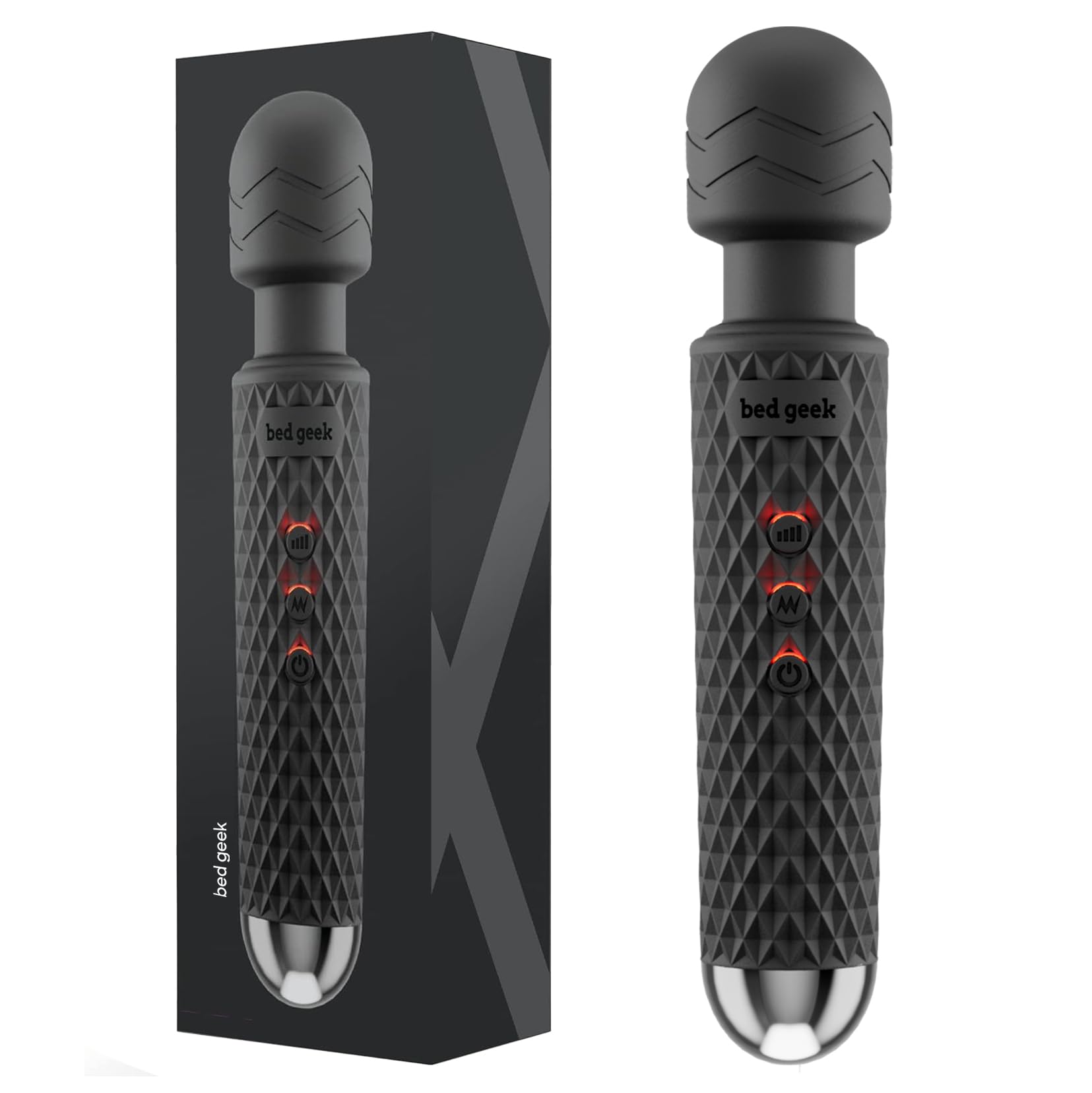 bed geek Handheld Wireless Personal Wand Massager – Waterproof, USB Rechargeable, 20 Vibration Patterns, 8 Speeds, Memory Feature, Skin-Soft Silicone for Ultimate Relaxation Massage Wand (Black Pack)