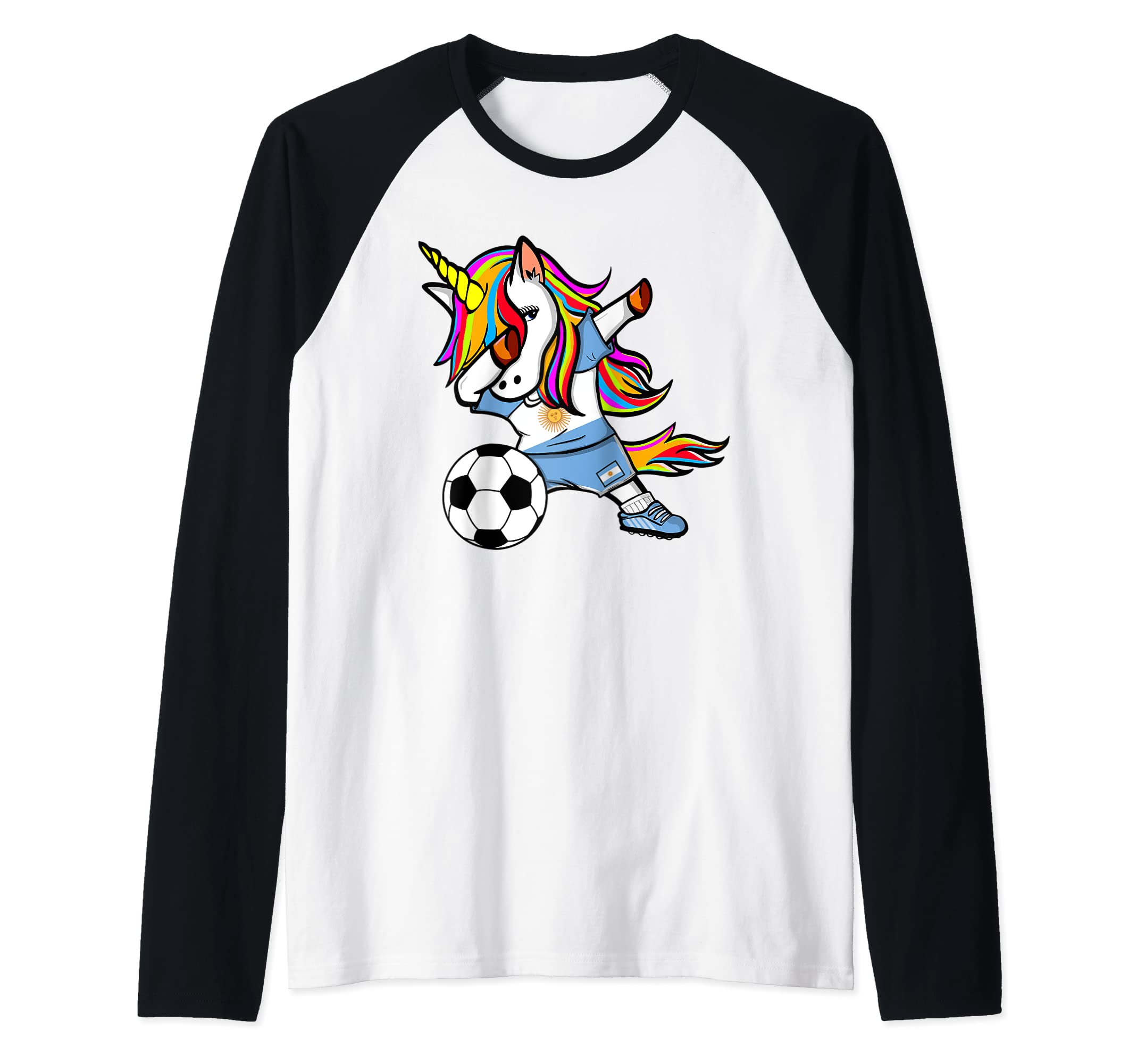 Dabbing Unicorn Argentina Football Argentinian Flag Soccer Raglan Baseball Tee