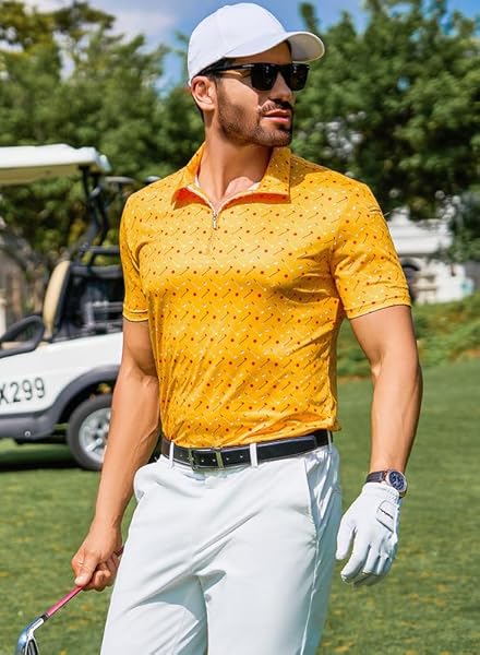 JMIERR PREMIUM GOLF SHIRTS FOR MEN MOISTURE WICKING QUICK DRY PRINT PERFORMANCE ZIPPER COLLARED POLO SHIRT, S, YELLOW