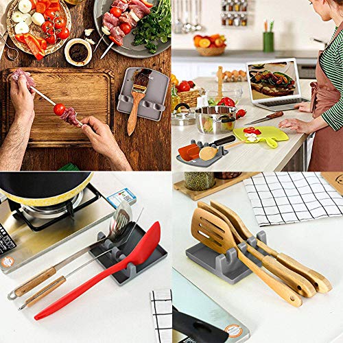 2 PCS Silicone Heat Utensil Rest with Drip Pad for Multiple Utensils, BPA-Free Spoon Holder and Utensil Rest for Stove Top, Grill Kitchen Utensil Holder for Spatulas, Tongs, Ladles (Gray & Black)