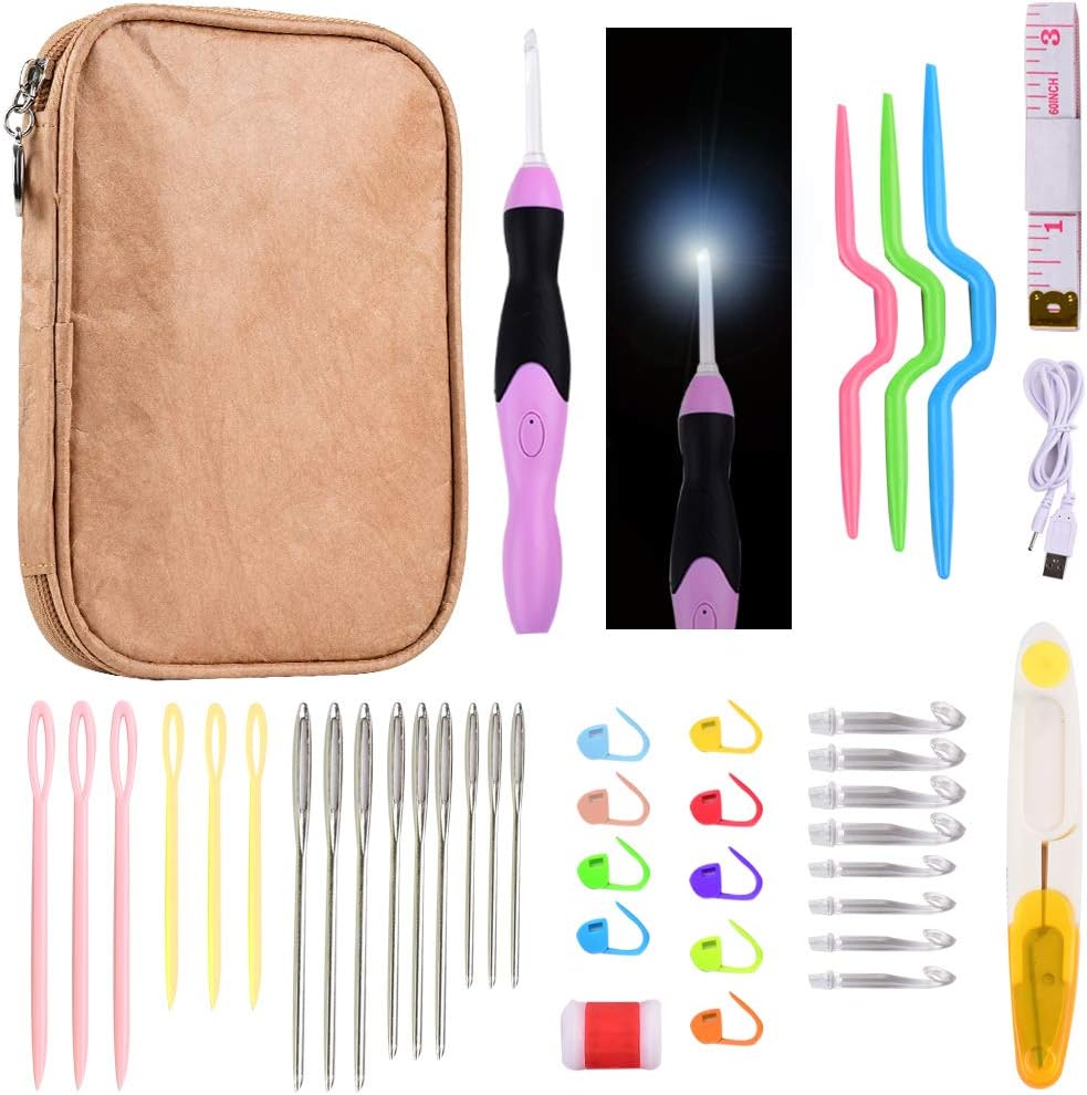 Lighted Crochet Hook Set With Case, Rechargeable Ergonomic Handle, Knitting Needles Weave Sewing Tool Accessories, 9 Interchangeable LED Lite Hooks(2.5mm to 6.5mm)