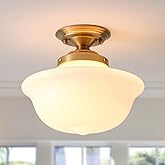 BinoBro Schoolhouse Light Fixture, 12 Inch Black Finish with Milk Glass Semi Flush Mount Ceiling Light, Ceiling Light Fixture