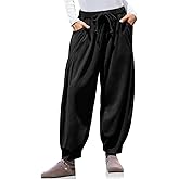 TARSE Womens Baggy Wide Leg Pants Corduroy Casual Drawstring Waist Palazzo Harem Pants with Pockets