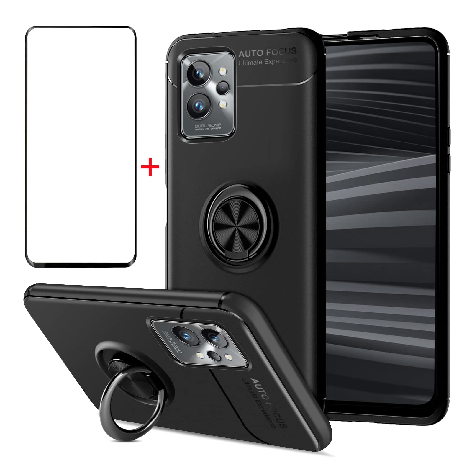 AKABEILA Case Screen Protector for Realme GT Master Edition Tempered Glass Phone Case for Q3 Pro Carnival Silicone Ring Grip Holder Kickstand Carbon Fiber Cover Shockproof, Black