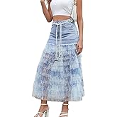 Ypser Boho Long Denim Skirt Tiered Ruffle Mesh Tulle Patchwork Midi Jean Skirts