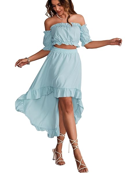 LYANER WOMEN’S TWO PIECES OUTFITS OFF SHOULDER CROP TOP AND HIGH LOW SKIRT SETS LIGHT BLUE# X-LARGE
