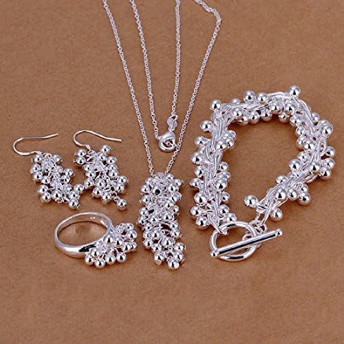 Hot Sale Wedding Fashion 925 Silver Plated Jewelry Set Hand Chain Bracelet Necklace Ring Hook Earings Eardrop Grapes Beads