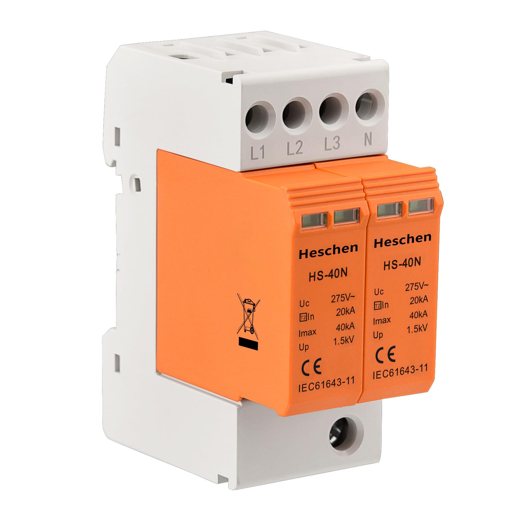 Heschen Surge Protective Device SPD, HS-40N, 275VAC 20KA, Fire-Proof, Low-Voltage Arrester, 35mm DIN Rail Mounting (4P)